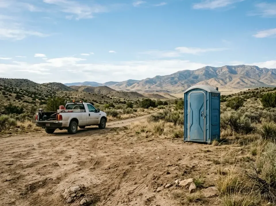 Portable Toilet — Remote Location — Portable Toilet, Pickup Truck, Dirt Road, Remote Location, Portable Toilet Rental in Par…